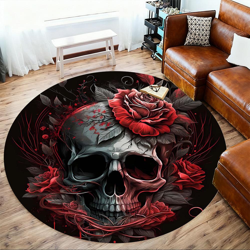 1pc Skull Rose Round Chair Mat Area Rug - Non-Slip, Floor Mat for Office, Bedroom, and Indoor Decor C1125632