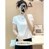 Women's Short Sleeve Stand Collar Ribbed T Shirt Slim Fit Shoulder Design Casual Summer Basic Undershirt