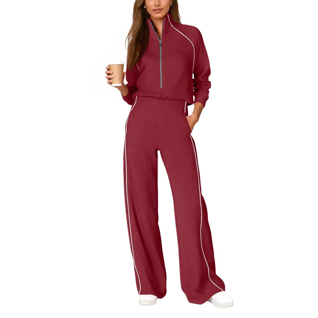 Women's Fashionable Casual Long-Sleeved -Color Sweatshirt And Wide-Leg Pants Two-Piece Set