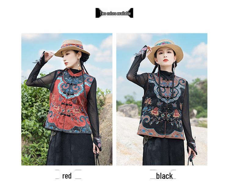 2025 Spring Ethnic Sleeveless Embroidered Cardigan Vest with Frog Buttons and Stand Collar for Women