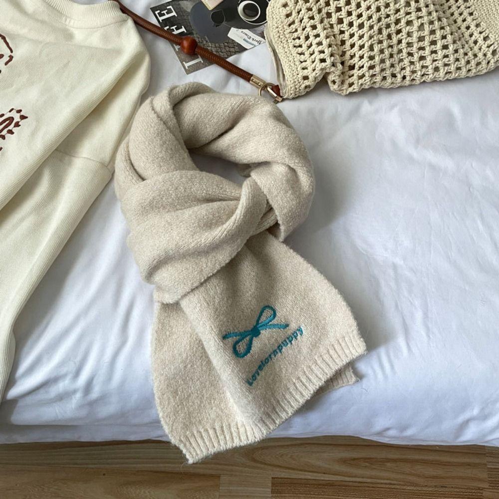 Bowknot Embroidery Bow Scarf Letter Wool Shawl Elegant Knitted Scarves  Women/Men бежевый