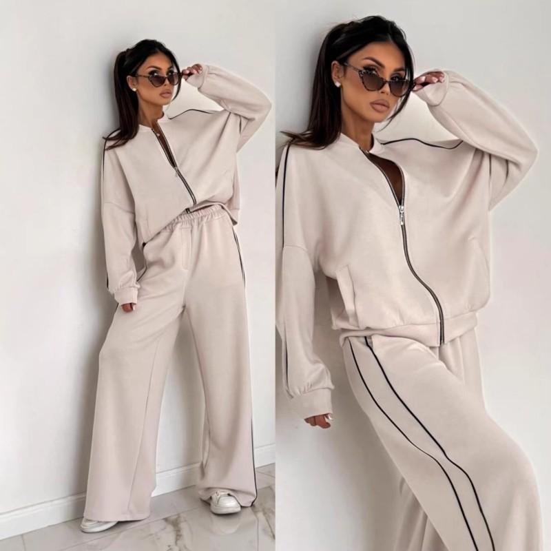 Modische Damen Freizeit Linie Farbe Block Reißverschluss Pullover Anzug Locker Gerade Hose Zweiteilig