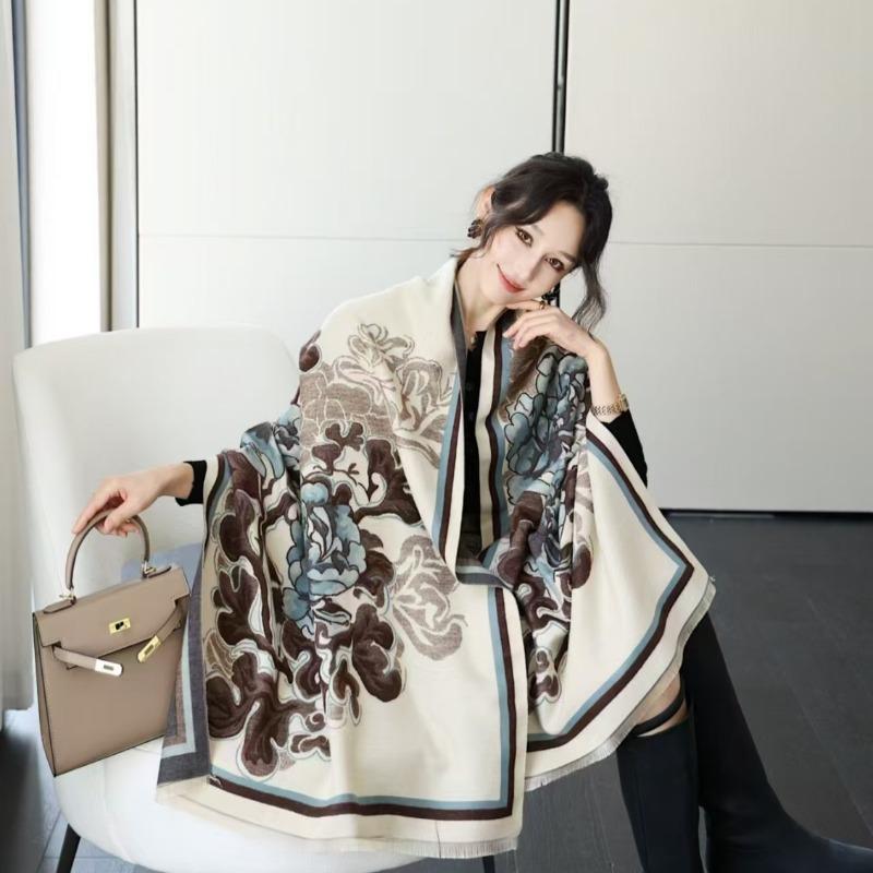 Elegant White Rose Print Thick Faux Cashmere Versatile Scarf For Women