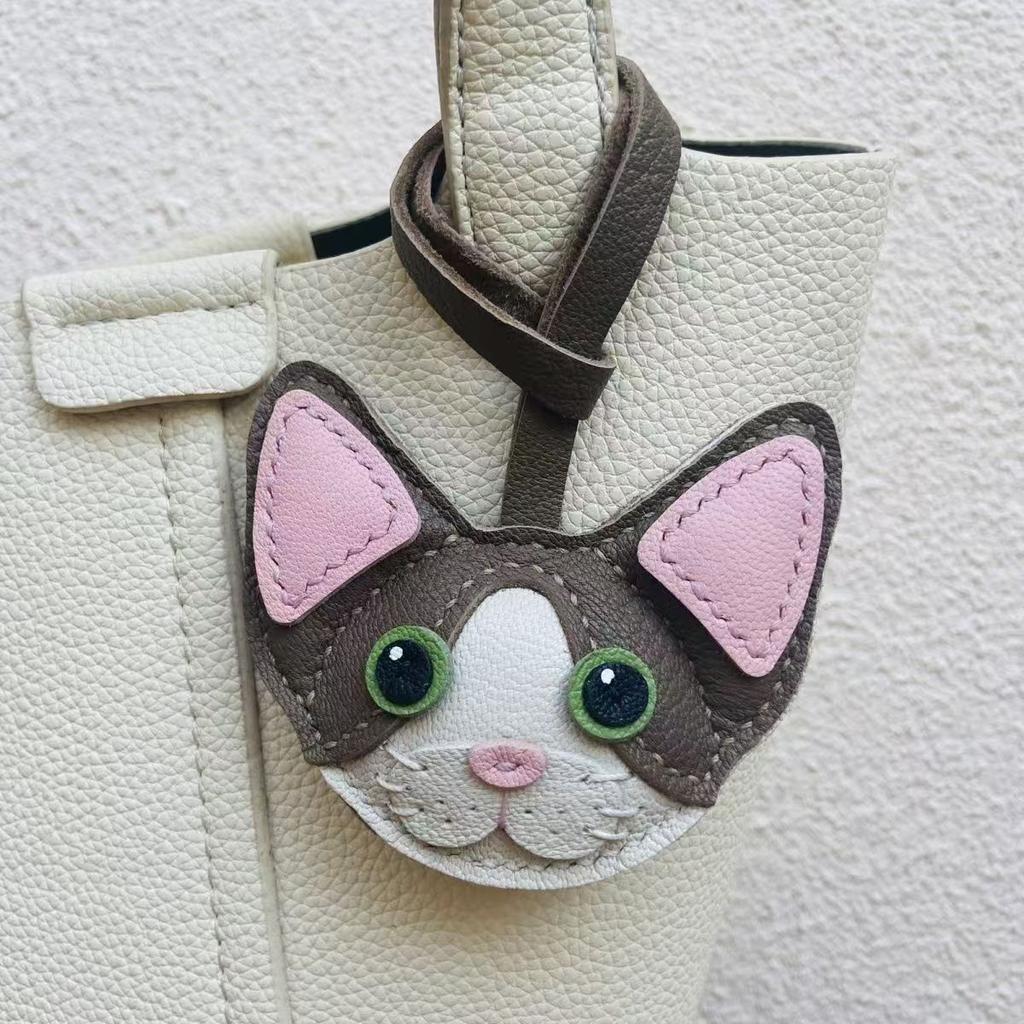 Handmade Genuine Leather Cat Keychain I Cute Kitty 3D Carved Keyring for Women/Men I Multi-Styles Animal Jewelry Gift