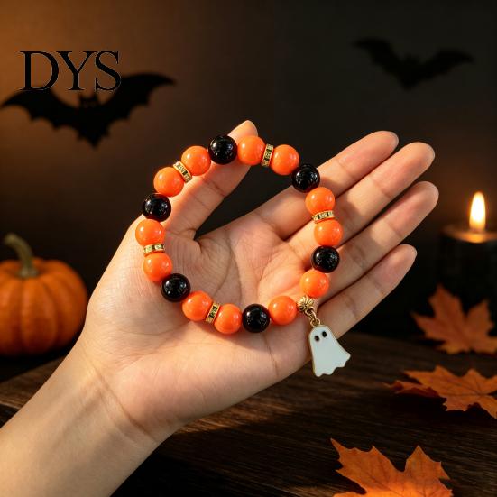 Festive Ghost Charm Jewelry Halloween Beaded Bracelet for Women, Orange Black Beads Stretch Versatile Stackable Bead Bracelets with Charm, Holiday