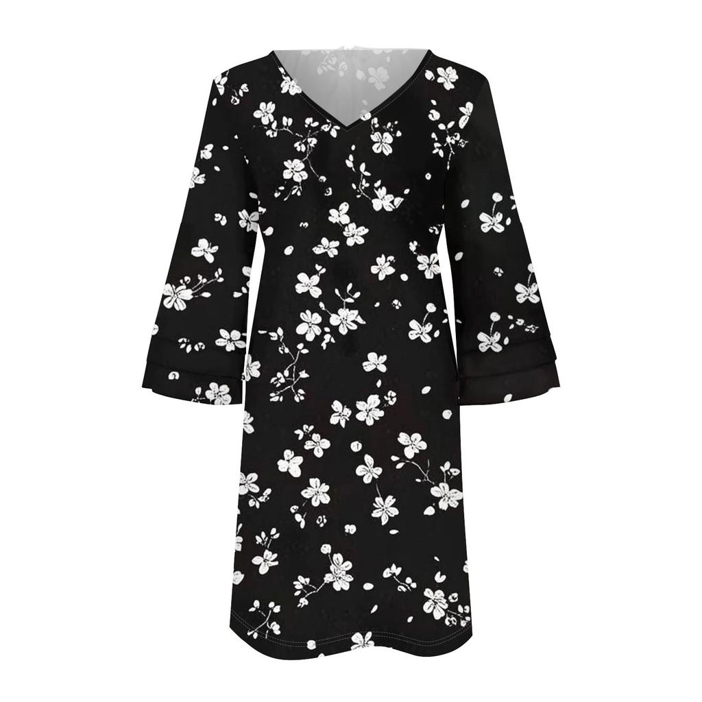 Women's Fashion V-neck Color Large Size Loose Long Large Swing 3/4 Sleeved Dress