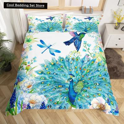 Funda Nórdica Pavo Real Tamaño King Queen Colibrí Libélula Juego de Cama Flores Pájaros Funda de Edredón Floral Animales Funda de Edredón