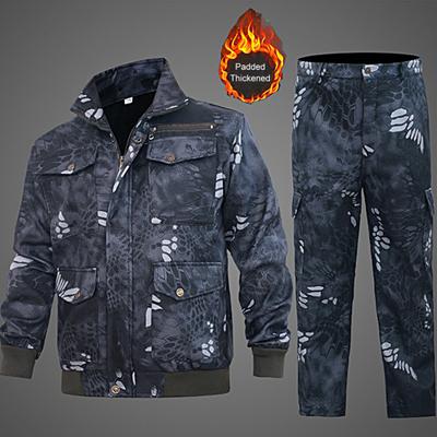 2Pcs/Set Lapel Long Sleeve Zipper Buttons Placket Fleece Lining Cargo Coat Pants Men Multi Pockets Snakeskin Print Work Training Outfit
