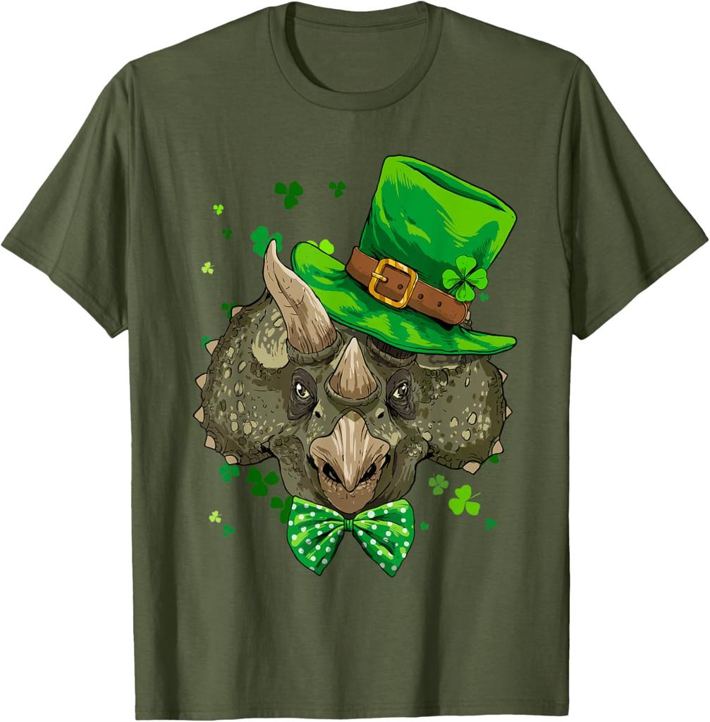 Triceratops Leprechaun St Patricks Day Graphic Tee Men Women Cotton Casual T-Shirt