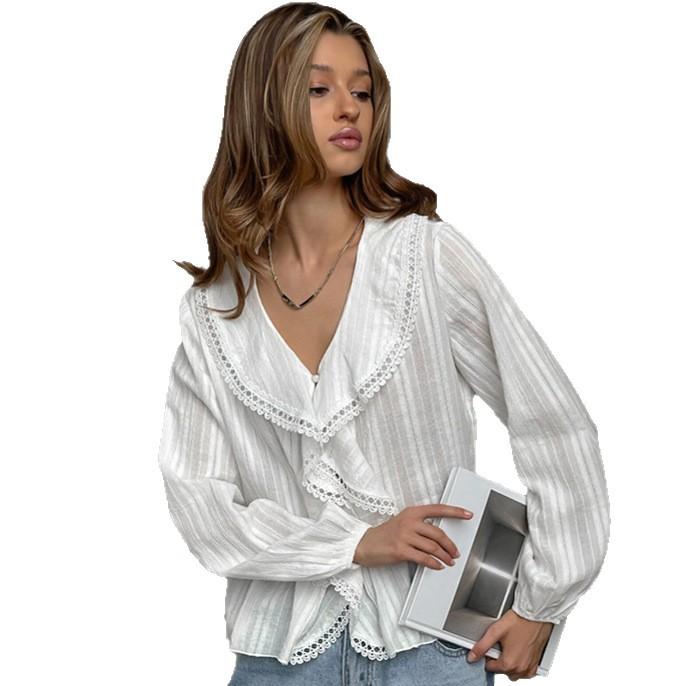 French white jacquard pure cotton ruffle V-neck shirt 1116 European and American summer fashion new wholesale top women