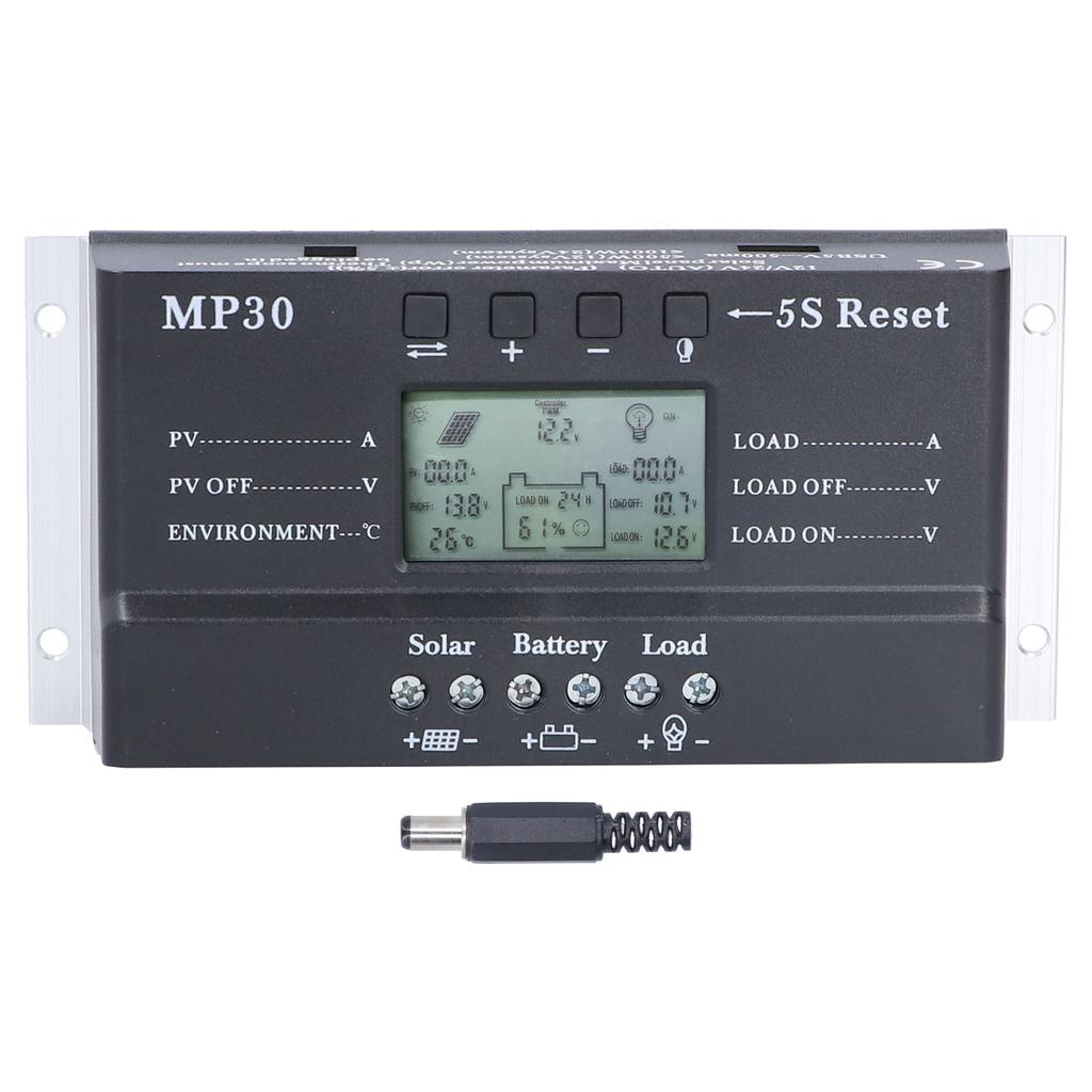 Solar Charge Controller 30A 12/24V LCD Display Backlight Circuit Protection USB Port MPPT PWM