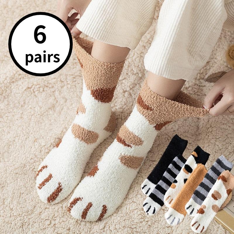 6 Pairs Fuzzy Socks for Women Cute Animal Cat Paw Socks Soft Cozy Warm Fall Winter Slipper Socks Women's Fluffy Non-Slip Indoor Sleeping Home Socks