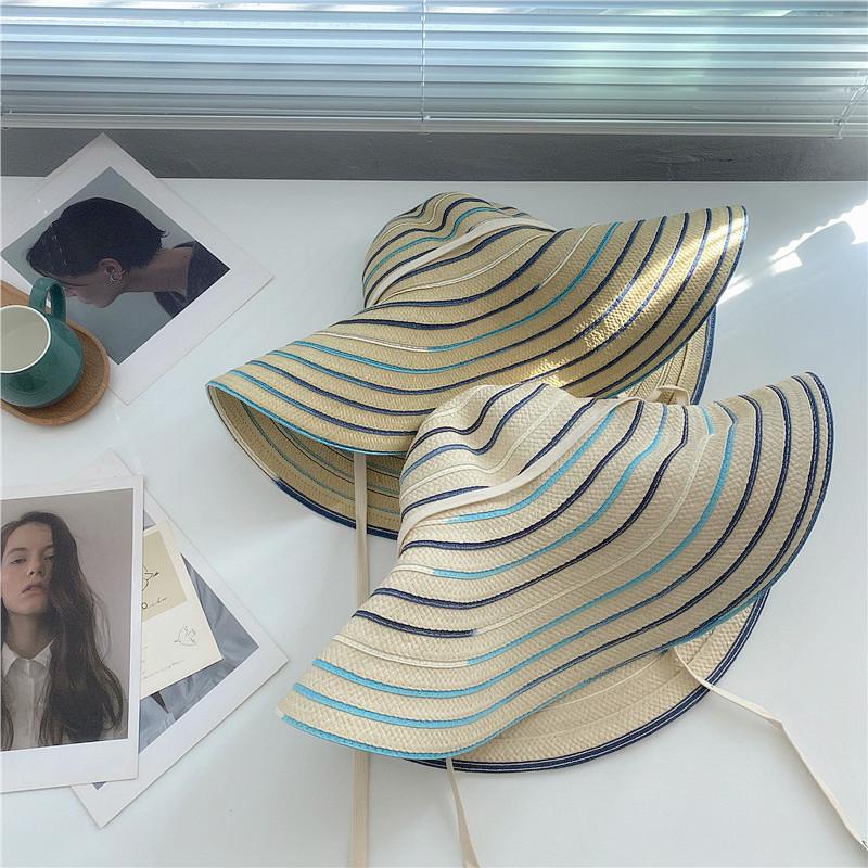 Summer Straw Hat Women's New Color Bar Big Brim Sun Hat Sunscreen Sun Hat Beach Vacation Seaside Travel Foldable