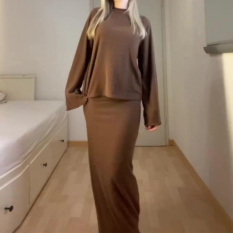 2024 Autumn European & American Solid Color Slim-Fit Knitted Dress Set