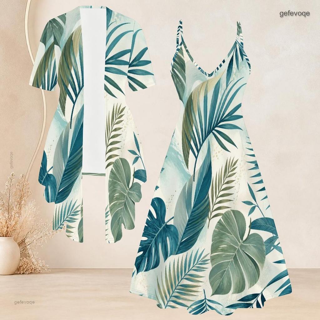 Women Plus Size Two Piece Set Tropical Leaf Printed Short Sleeve Cardigan Strappy V Neck Flared Dress