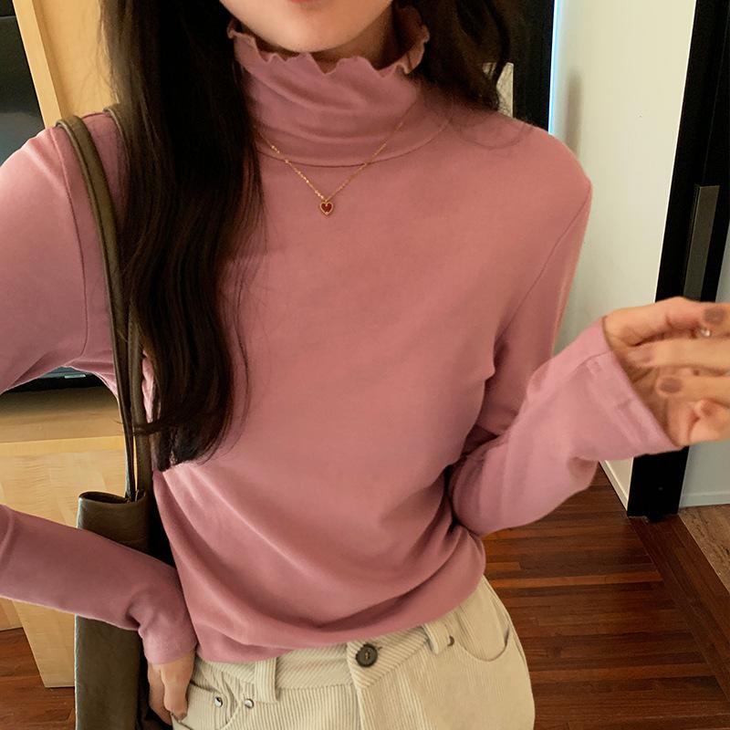 Fungus High Collar Solid Color Slimming Long-sleeved T-shirt Women's Autumn and Winter New Ins Right Shoulder Inner Layering Shirt Top