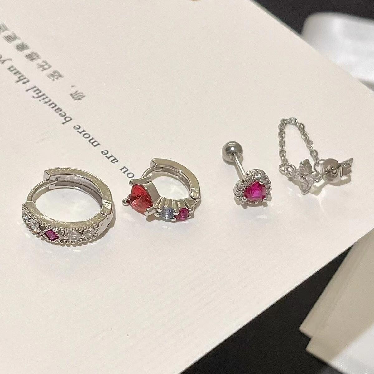 

Colorful Zircon Heart Ear Cuff with Diamond-Studded Rose Red Hoops