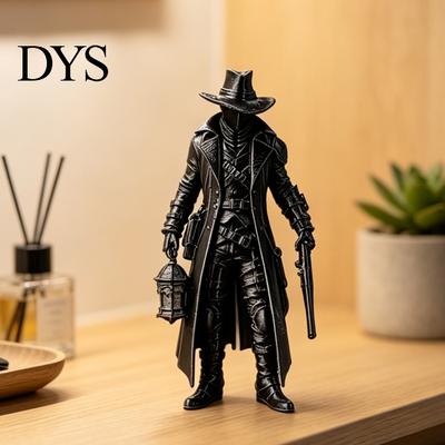 Matte Black Ornament 3D Printed Gothic Lantern Hunter Figurine, Dark Cloaked Man Statue Durable Static Figure with Cape for Halloween, Spooky