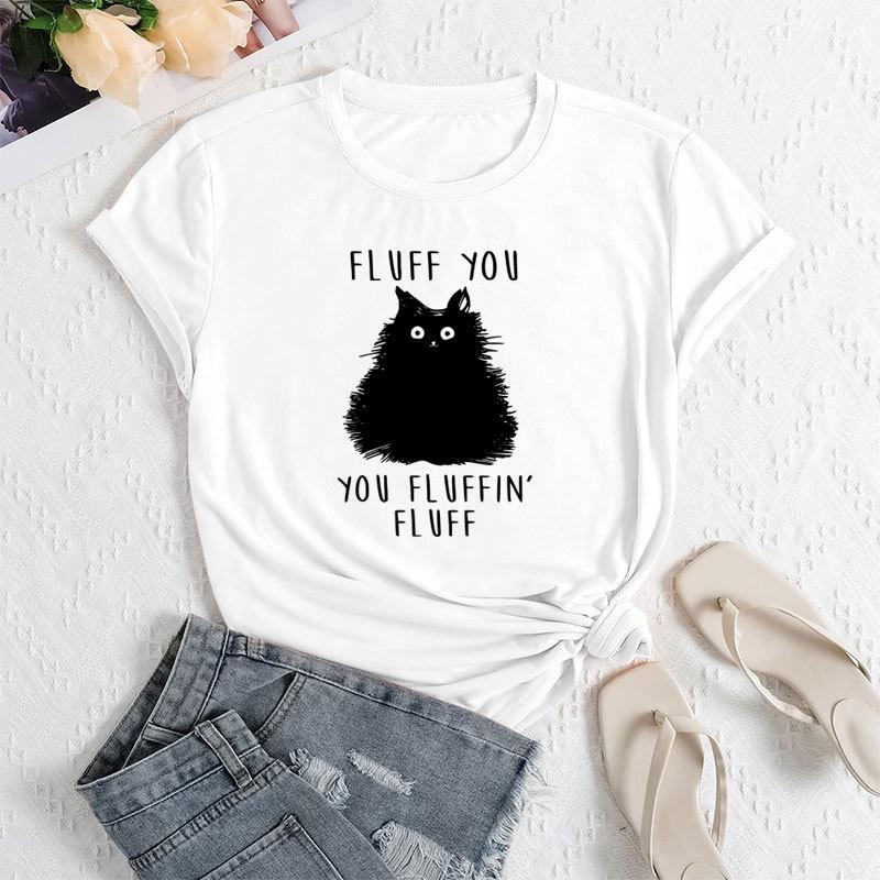 Summer Women's Letter Cat Print Round Neck Loose Casual Pure Cotton Short Sleeved T-shirts Women's