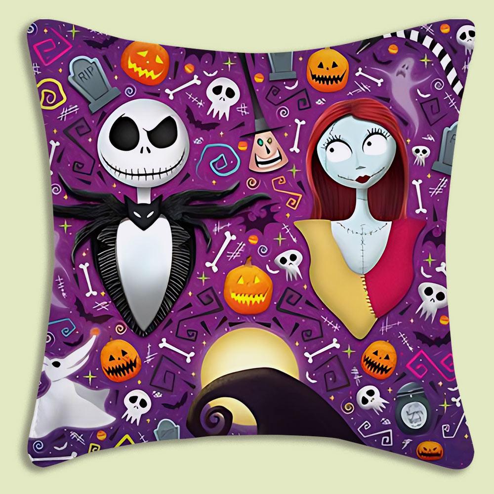 Halloween Skull Jack Sally Pillow Covers Cartoon Sofa Decorative Home Double-Sided Printing Short Plush Cute Cushion Cover
