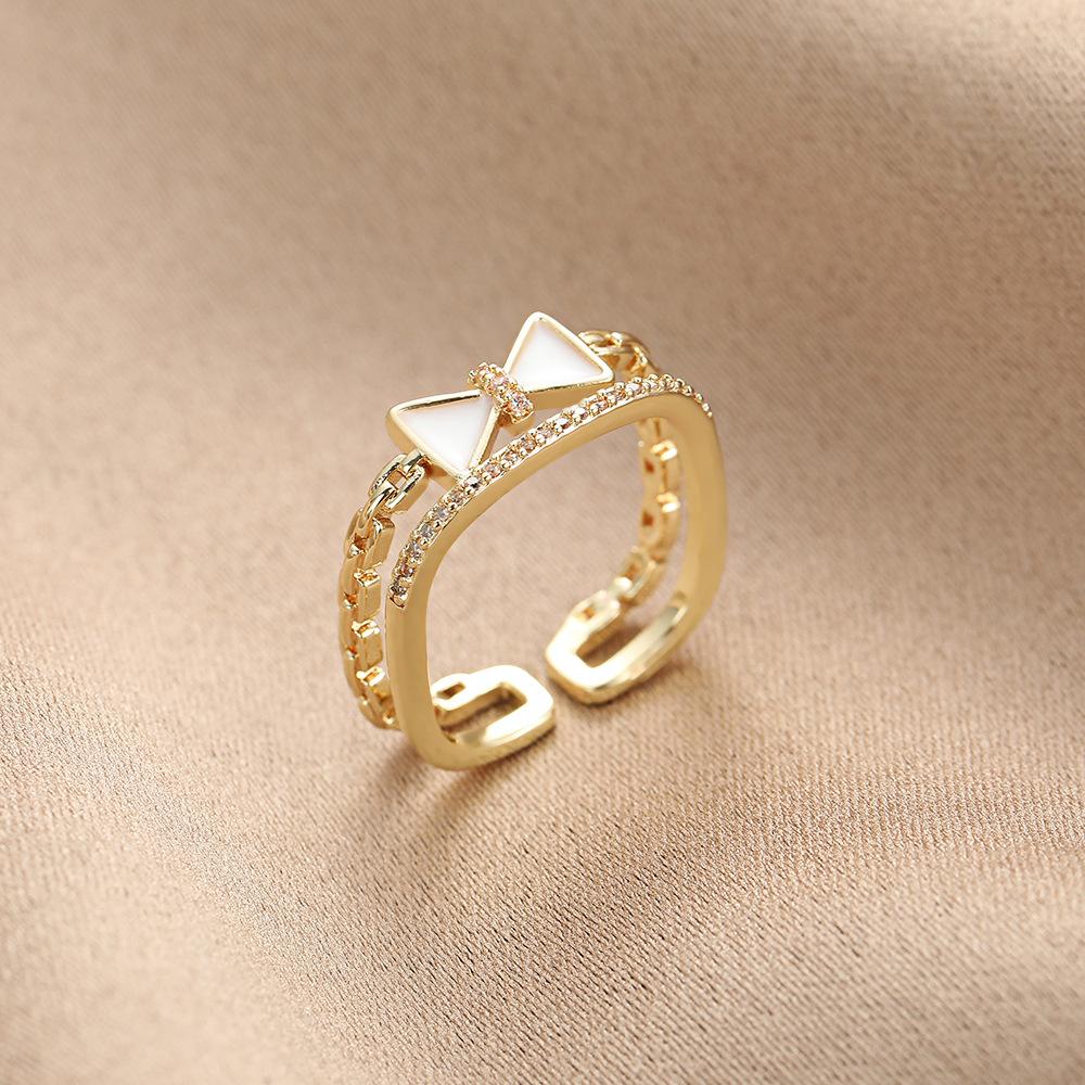 Korean style hollow out double-layer bow ring for women, light luxury, sweet personality, open index finger rings