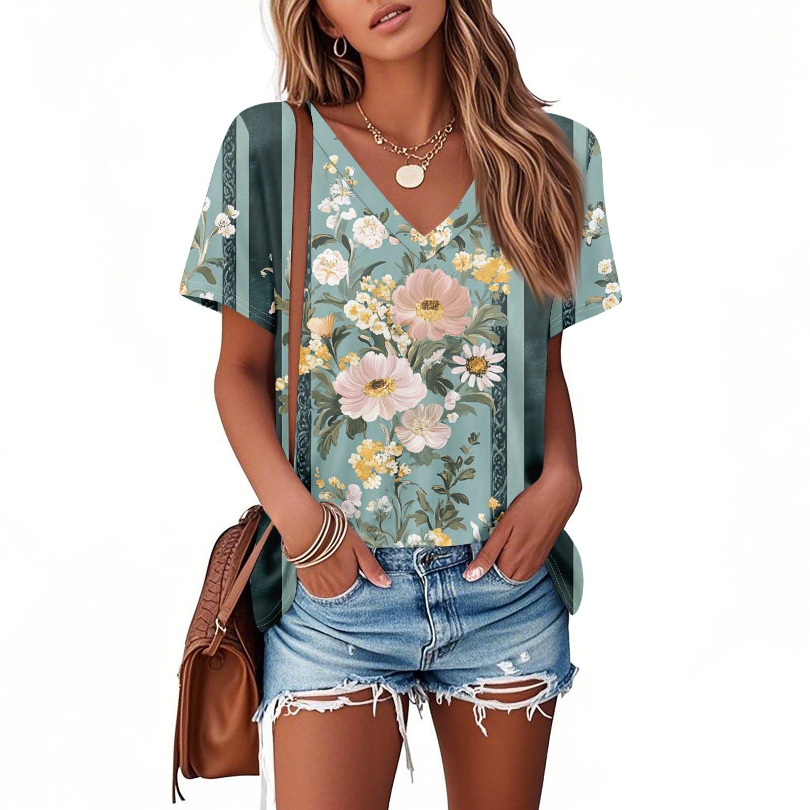 

Футболки для женщин, плиссированные, с V-образным вырезом, нарядные, повседневные блузки с принтом, короткие рукава, летние топы, свободный крой L армия зеленый