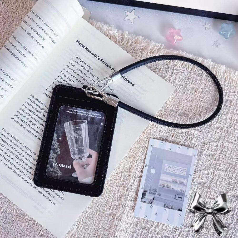 Portable PU Leather Card Holder Dual-Slot With Hand Wrist Strap Card Case Photocard Holder Access Control Card