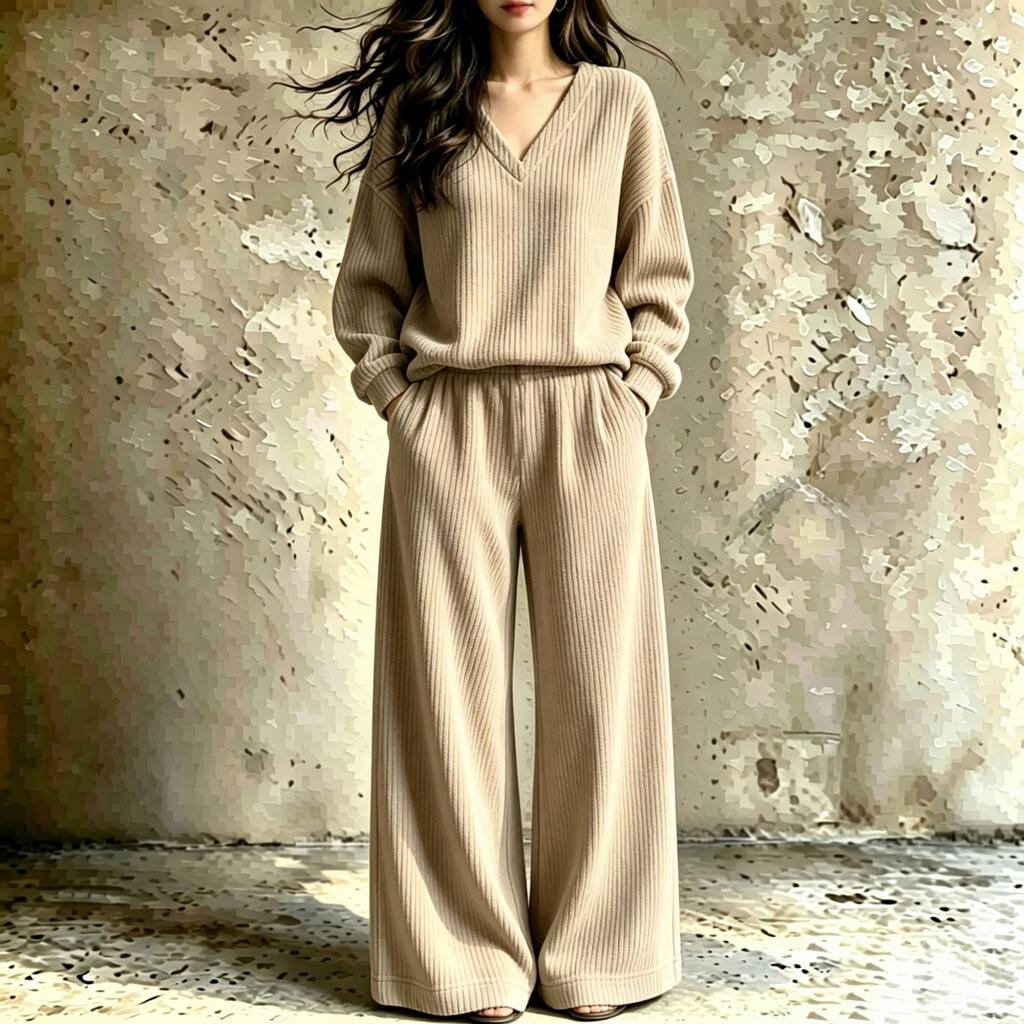 Women's Casual V-Neck Loose Fit Two-Piece Set, Fall Winter Loungewear