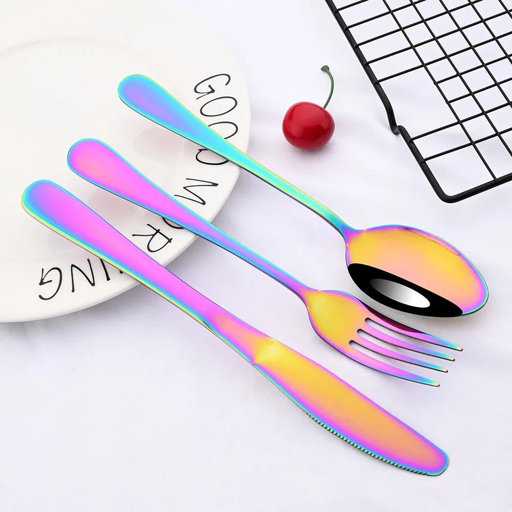 16Pcs/Set Dinnerware Stainless Steel Mirror Rainbow Cutlery Set Kitchen Fork Coffee Spoon Knife Tableware Silverware Set