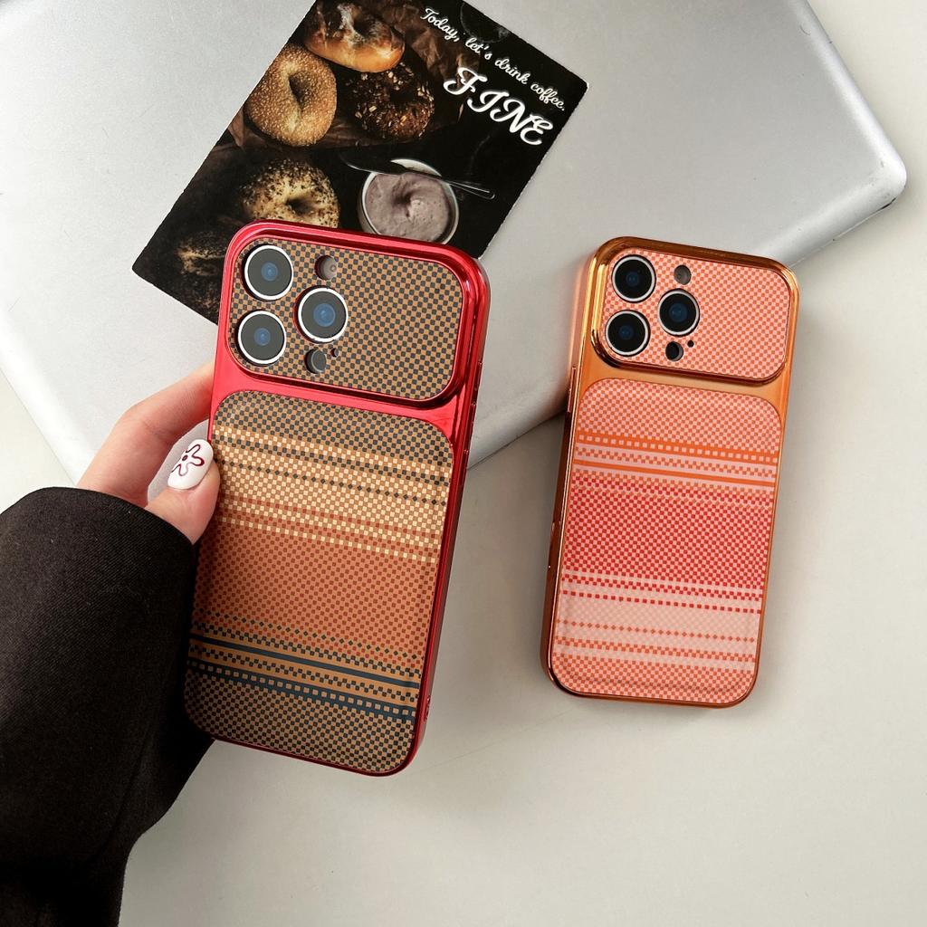 Carbon Fibre Kevlar Texture PC Phone Case For iPhone 17 16 15 14 13 Pro Max Plating Large Window Shockproof Bumper Cover