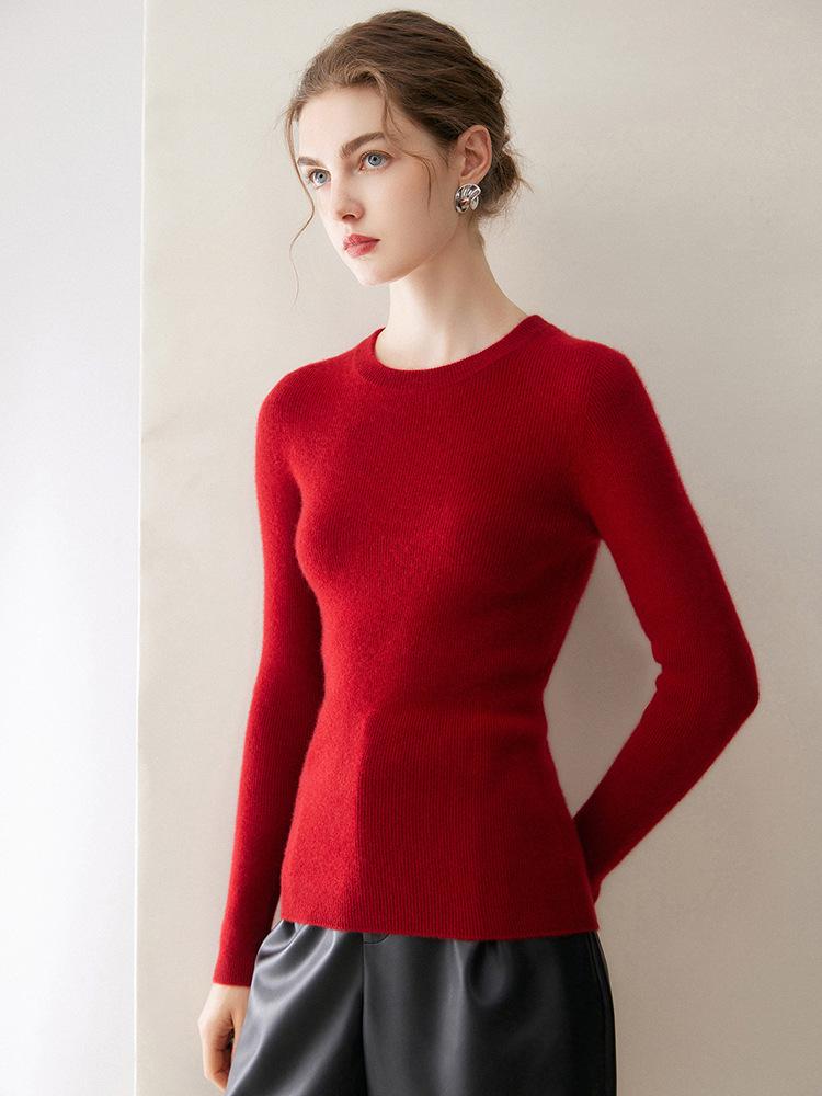 Women's Winter 2026 Pure Cashmere Ribbed Slimming Sweater - Round Neck, Sweet Style Pullover.