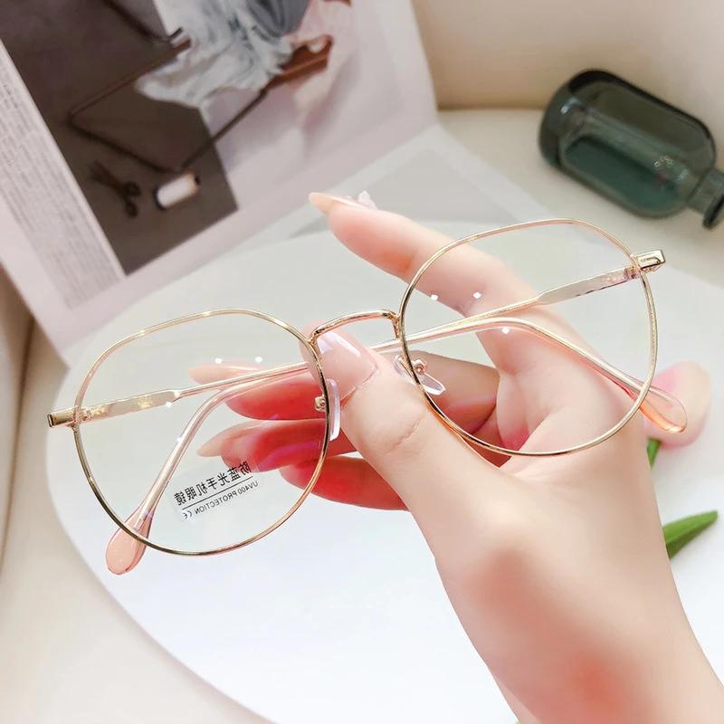 Women Fashion Anti Blue Light Glasses Round Large Metal Frame Computer Reading Vintage Eyewear Myopia Frames