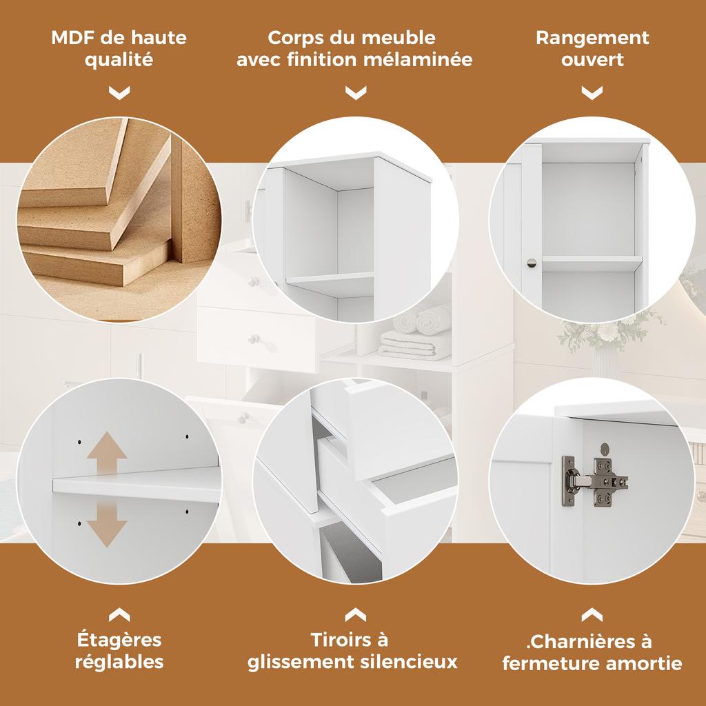 60×37×171 cm, Tall Bathroom Cabinet, MDF, 2 Drawers, Laundry Basket with Flap, Adjustable Shelves, Soft-Close Hinges, Tip-Over Protection, White.