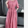 Women Round Collar Solid Color Dress Ladies Mid-length Waist Long Skirt Cotton A-Linen Dresses Women Clothing