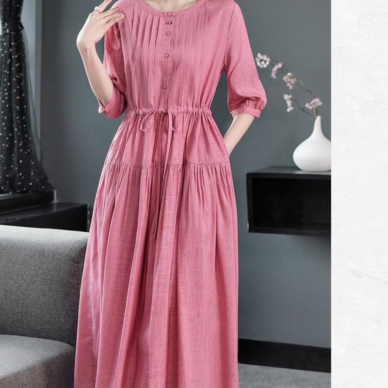 Women Round Collar Solid Color Dress Ladies Mid-length Waist Long Skirt Cotton A-Linen Dresses Women Clothing