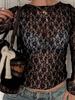 Dlouhý rukáv Průhledný krajkový crop top Jednobarevné Sexy bodycon tričko Pro ženy Párty Klub Podzimní zimní oblečení