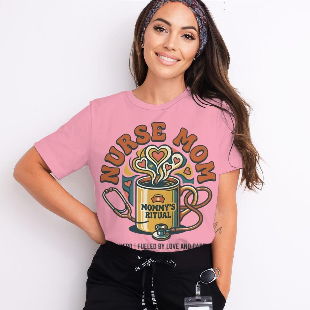 Nurse Mom Tshirts Mommys Ritual Vintage Streetwear Fashion Stethoscope And Coffee Pattern Women Short Sleeve Nurse Tshirt Gift