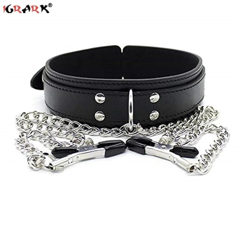 Stainless Steel Metal Chain Nipple Clamps Milk Clips Breast Clip Red Lips Open Mouth Gag Leather Handcuffs Sex Toys For Couples