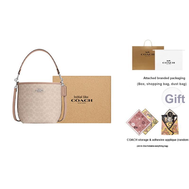 Coach City Bucket 17 Monogram Metal Logo Signature Coated Canvas Tote Shoulder Bag Small Women bags Beige CT800-SVPWH
