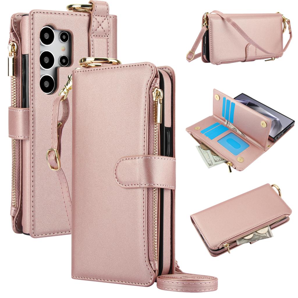 Crossbody Ring Holder Zipper Cards Solt Wallet Leather Case For Samsung Galaxy S24 Ultra S23 FE S22 S21 Plus A55 A15 Purse Cover
