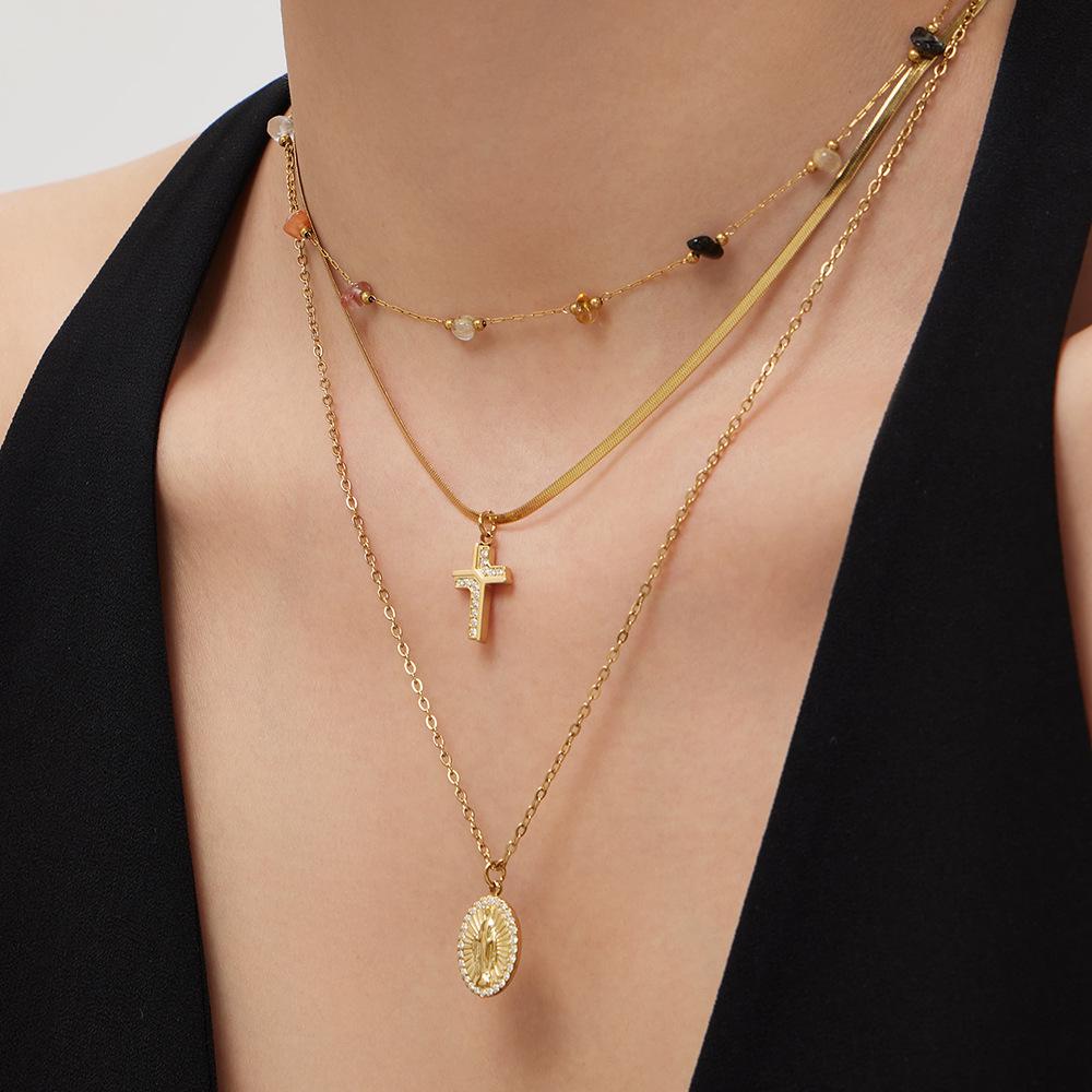 18K Gold Plated Stainless Steel Zircon Cross Pendant Layered Necklace with Double Blade Chain