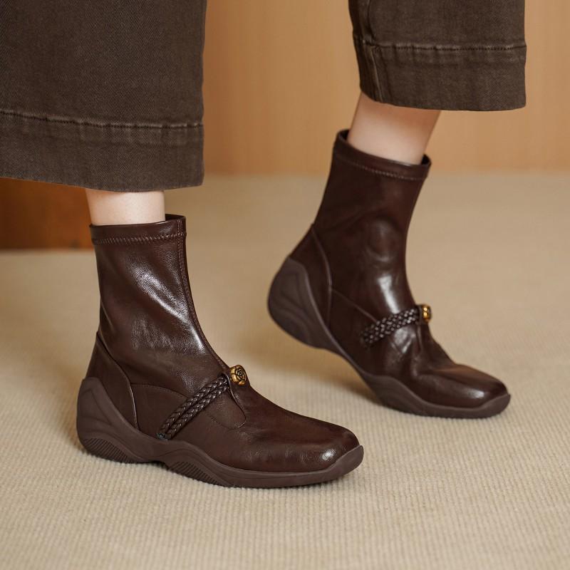 3cm Womens British Style Stretch Ankle Boots Round Toe Platform Slip-On Short Fall Winter