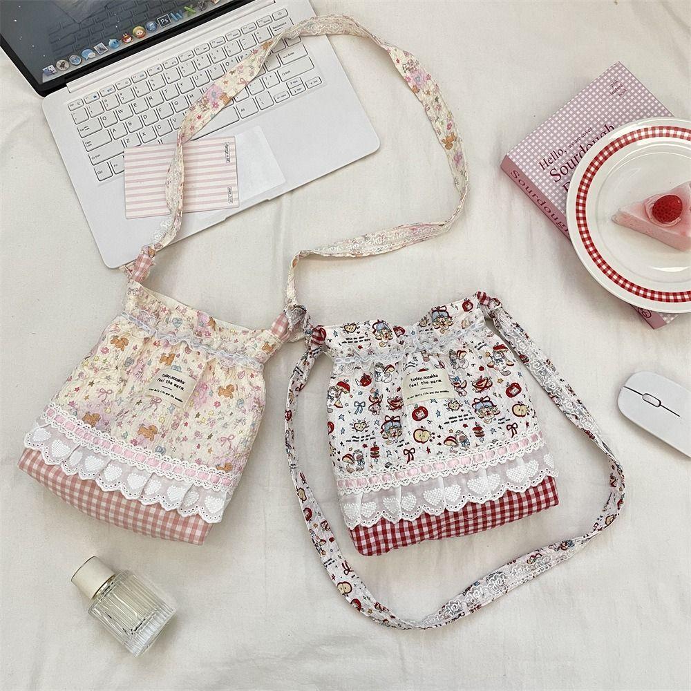 Floral Plaid Lace Shoulder Bags Cartoon Pattern Multicolor Drawstring Shoulder Bags Canvas Long Belt Crossbody Bag Daily Use