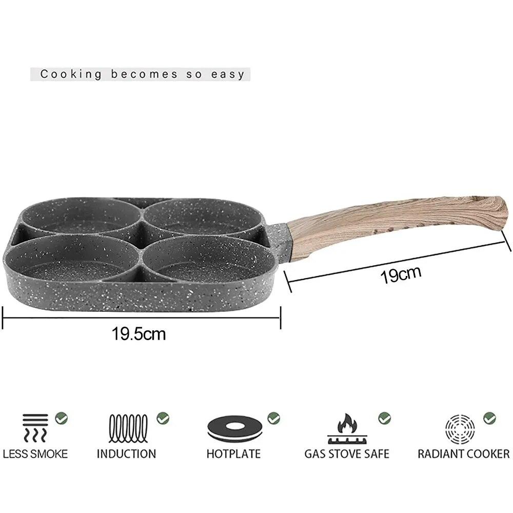 Bratpfanne mit 4 Löchern, antihaftbeschichtet, für Frühstück, Burger, Eier, Pfannkuchen, Maker mit Holzgriff, medizinischem Stein, Omelettpfanne mit vier Löchern
