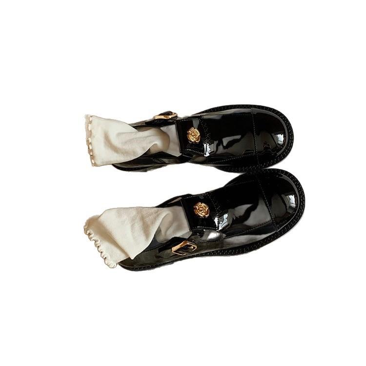 Rindslederversion~ Französische Retro Mary Jane kleine Lederschuhe Damen Kamelie mit Goldmünzen Slipper Echtleder Einzelschuhe
