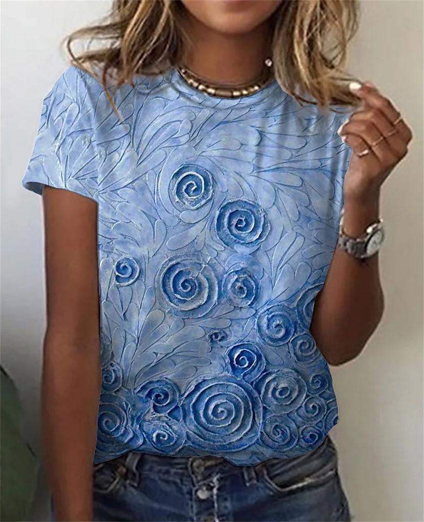 Summer Floral Flowers 3D Print T-Shirts Fashion Women's Round Neck Short Sleeve T Shirt Tees Harajuku Y2K Tops Female Clothing