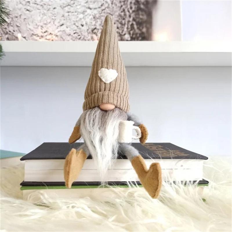 Christmas Decoration Knitted Faceless Plush Gnome Doll Hanging Leg Holding Coffee Doll Table Holiday Decor Home Daily Decoration