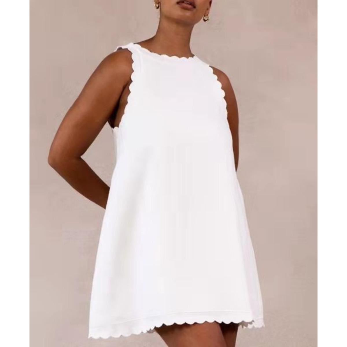 

New Women s Sleeveless Loose Solid Color Dress Embroidered Ruffle Hem, Casual Summer Dress for European and American Crossborder Outfit S белый