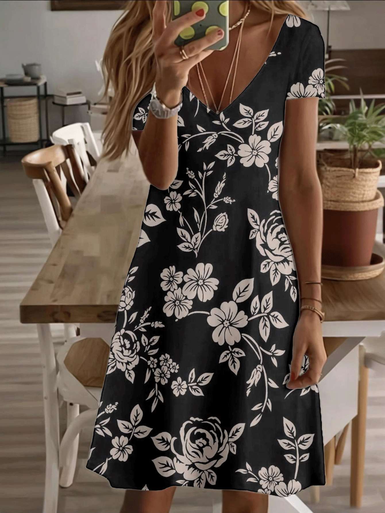 

Vneck shortsleeve midi dress elegant floral women dress black white rose blossom print pattern 3D premium printing durable fabric casual and styli 5XL дубильная кора