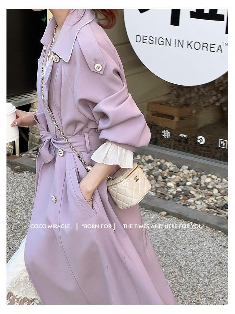 Women's Purple Double-Breasted Trench Coat - Korean Style Spring & Autumn Fashion, Casual Loose Mid-Length Design (2025)